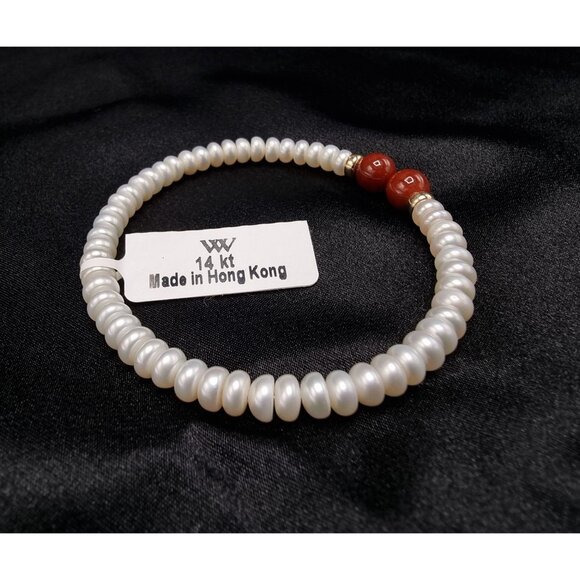 14K Freshwater Pearl & Carnelian Bracelet - Picture 3 of 5